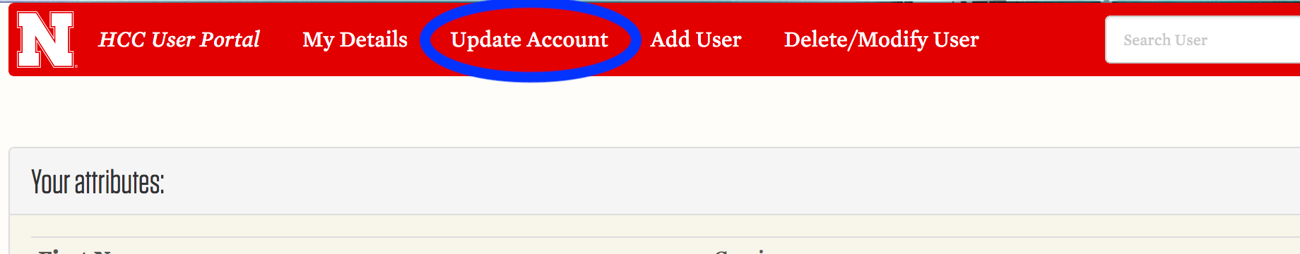 HCC User Portal bar with Update Account circled