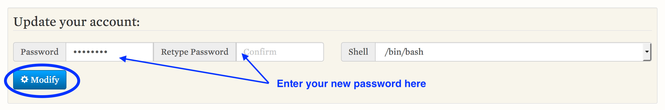 prompting to enter your password in Password and Retype Password field, with the Modify button circled
