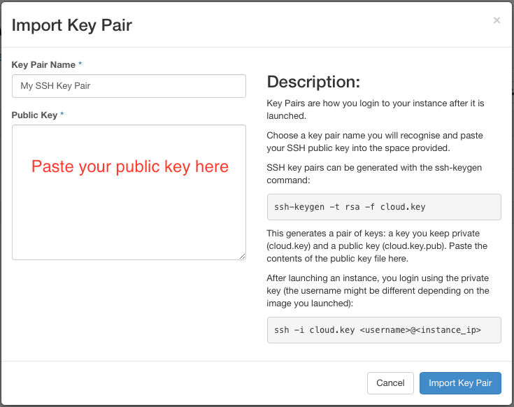 the Import Key Pair pop-up with prompting to 'Paste your public key here' in the Public Key box