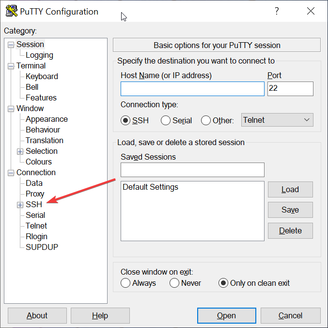 PuTTY Configuration with arrow pointing to SSH