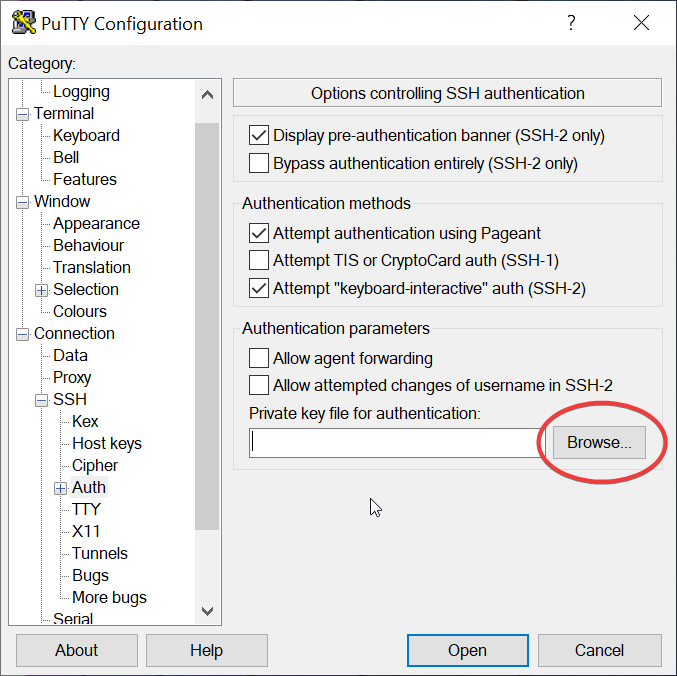PuTTY Configuration with Browse button circled