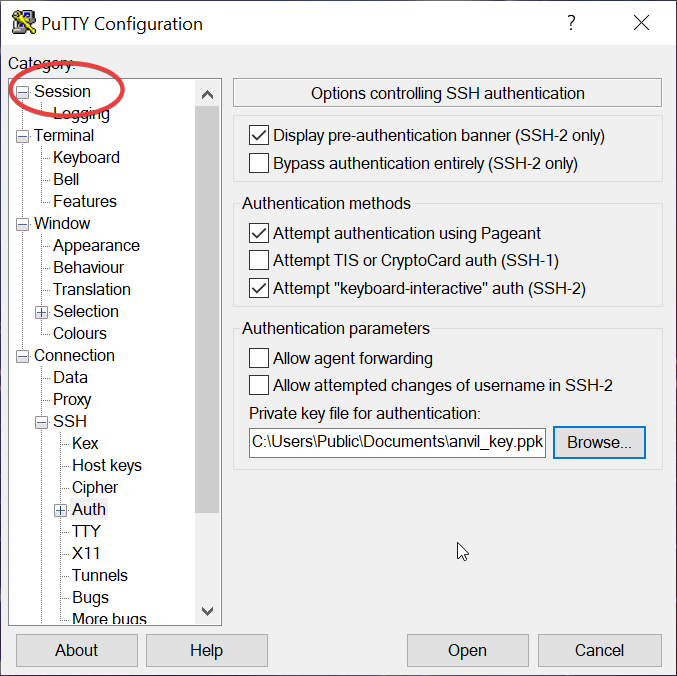 PuTTY Configuration with Session circled