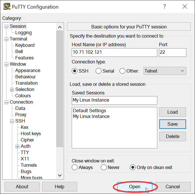 PuTTY Configuration with Open button circled