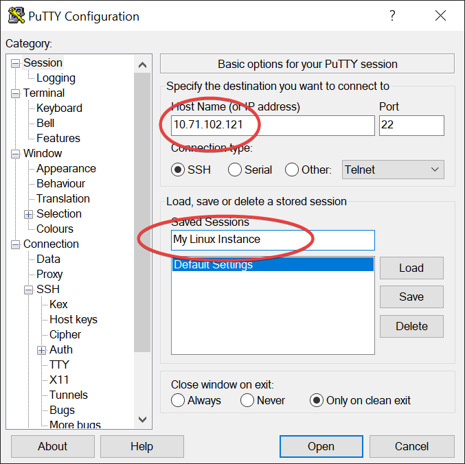 PuTTY Configuration with Host Name circled and Saved Sessions circled