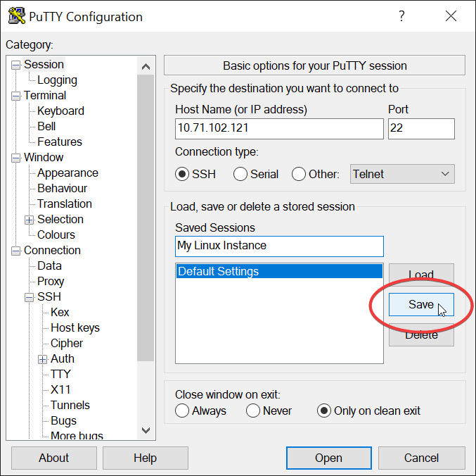 PuTTY Configuration with Save button circled