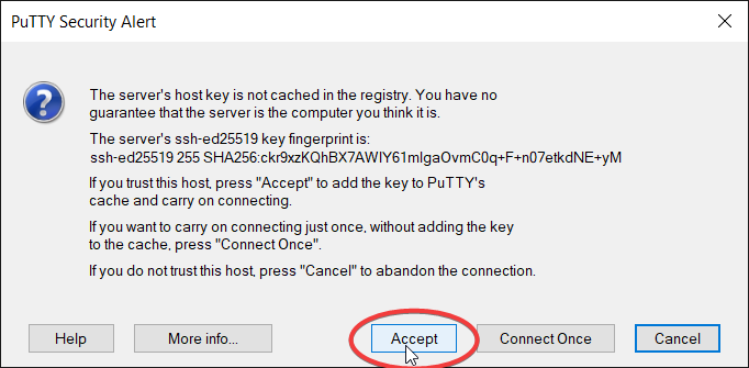 PuTTY Security Alert with Accept button circled