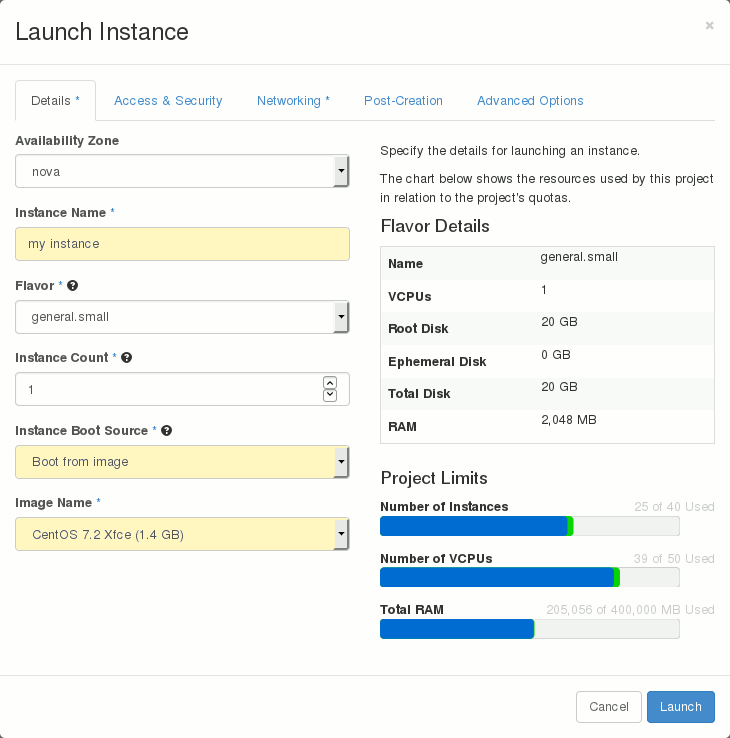 Launch Instance window with CentOS chosen in Image Name