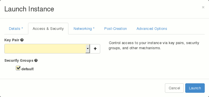 Launch Instance window with default selected under Security Groups
