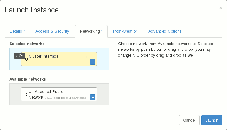 Launch Instance window with teh Cluster Interface added under Selected networks