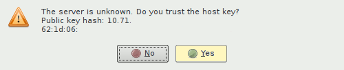warning with prompting to trust the host key. Yes is selected