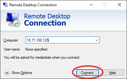 Remote Desktop Connection with Connect circled