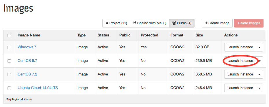 view of Images with the Launch Instance circled