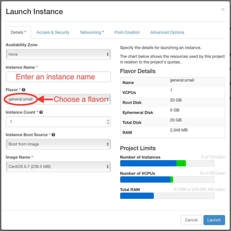 Launch Instance Details window with prompting to 'enter an instance name' and 'choose a flavor'
