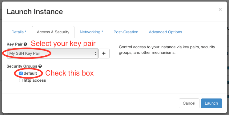 Launch Instance Access & Security window with prompting to 'select your key pair' and to select the 'default' box