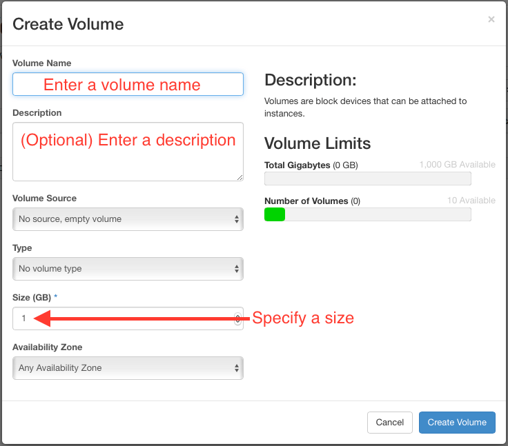 Create Volume window with prompting to 'enter a volume name', 'optionally enter a description', and 'specify a size' of the volume