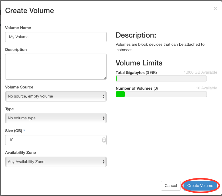 Create Volume window with Create Volume button circled