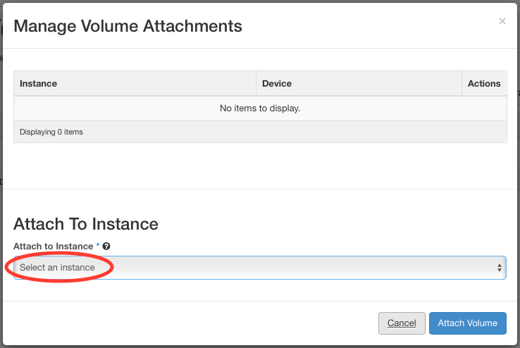 Manage Volume Attachments window with Select an Instance circled
