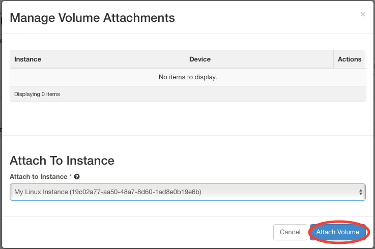 Manage Volume Attachments with Attach Volume button circled