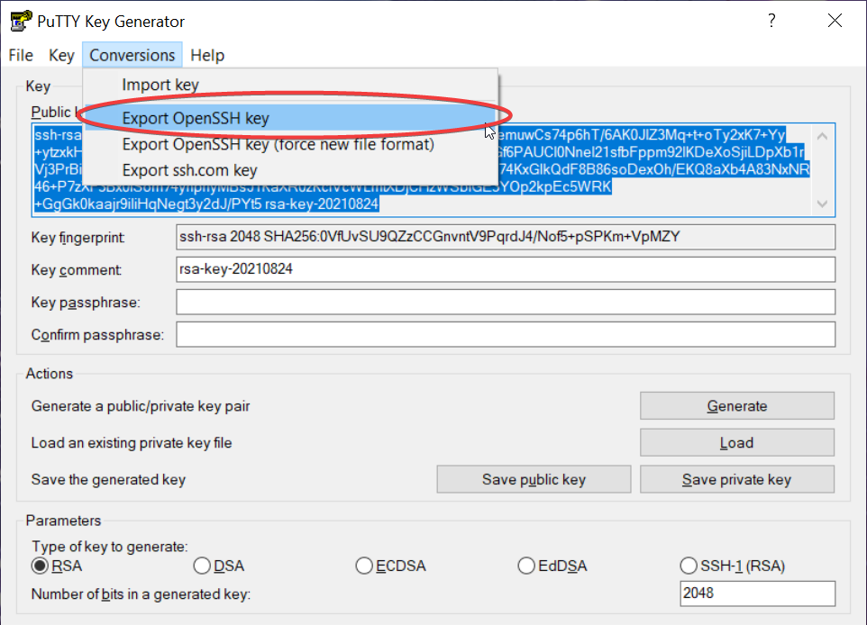 PuTTY Key Generator Conversions dropdown with Export OpenSSH key circled
