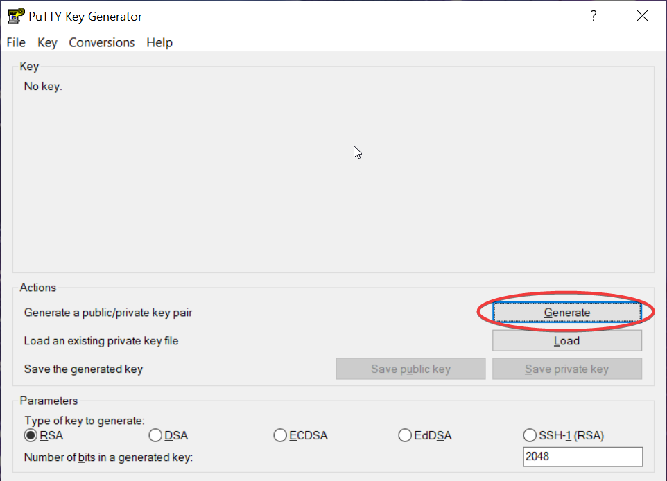 PuTTY Key Generator with the Generate button circled