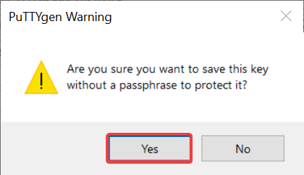 PuTTYgen Warning pop-up about saving a key without a passphrase