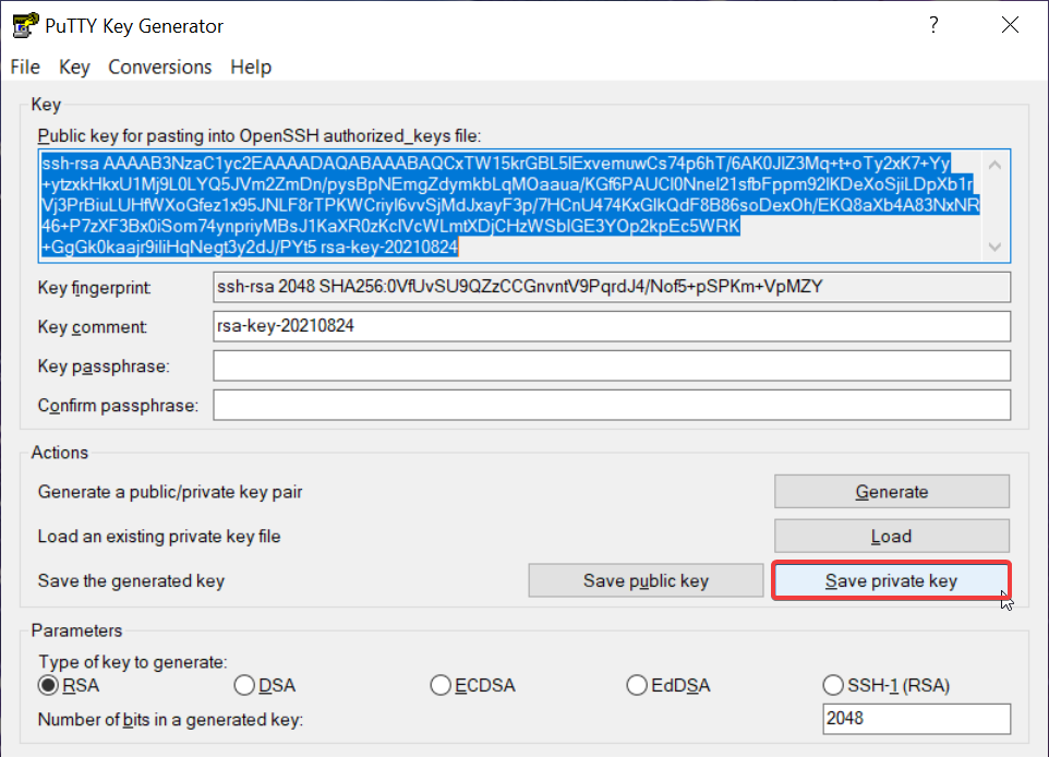 PuTTY Key Generator with Save private key circled