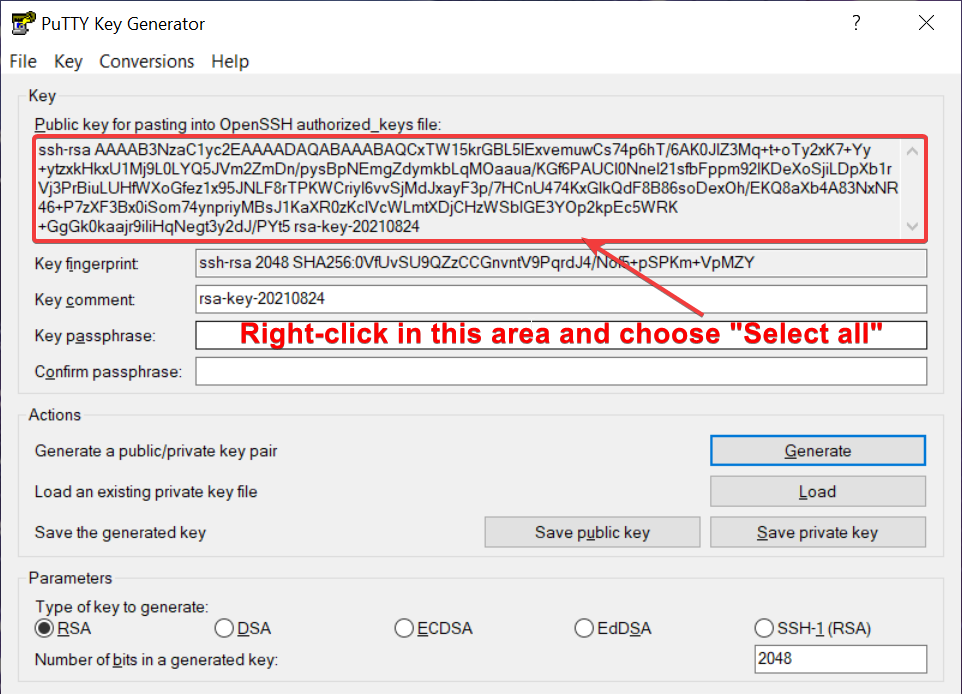 PuTTY Key Generator with prompting to 'right click in the Public key for pasting into OpenSSH authoried_keys file and choose Select All'