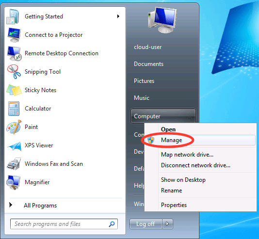 Start Menu Computer dropdown with Manage circled