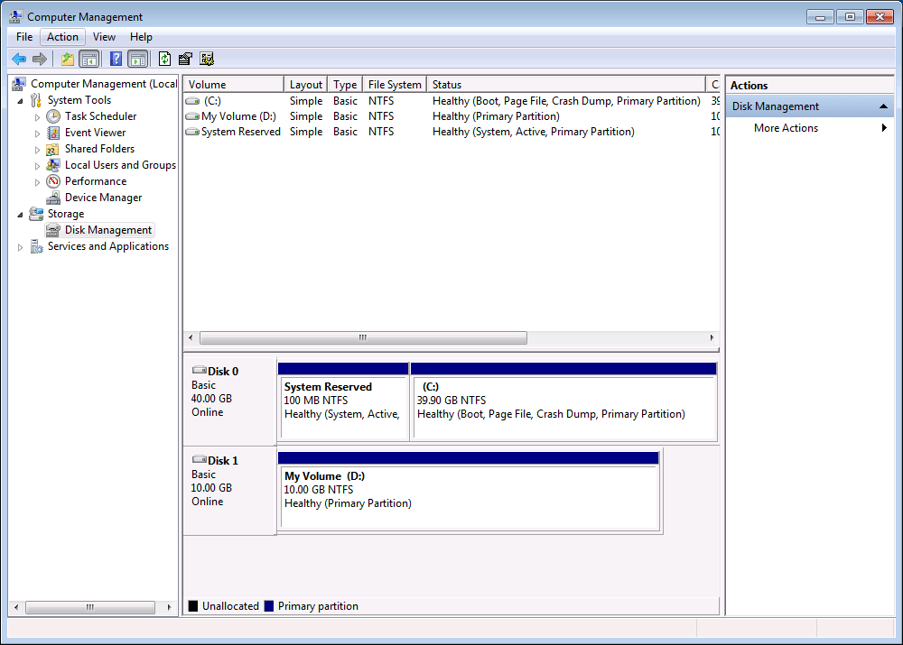 Computer Management window with formatted and mounted volumes