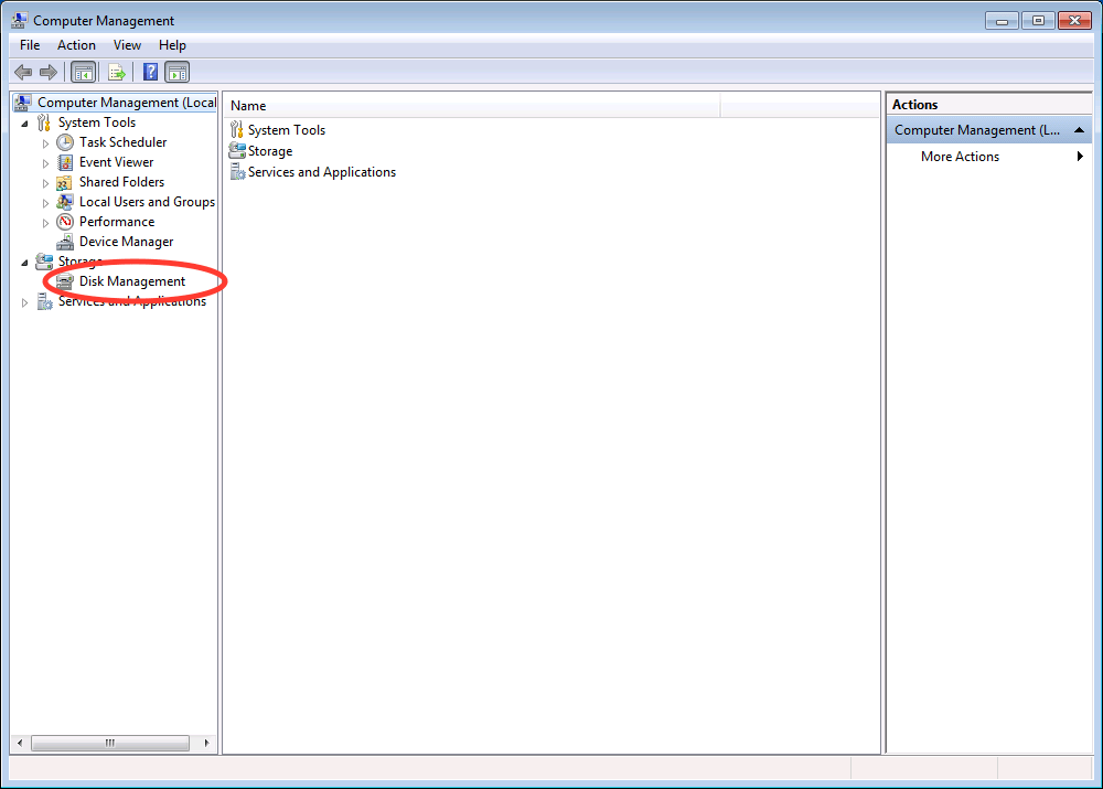 Computer Management window with Disk Management circled