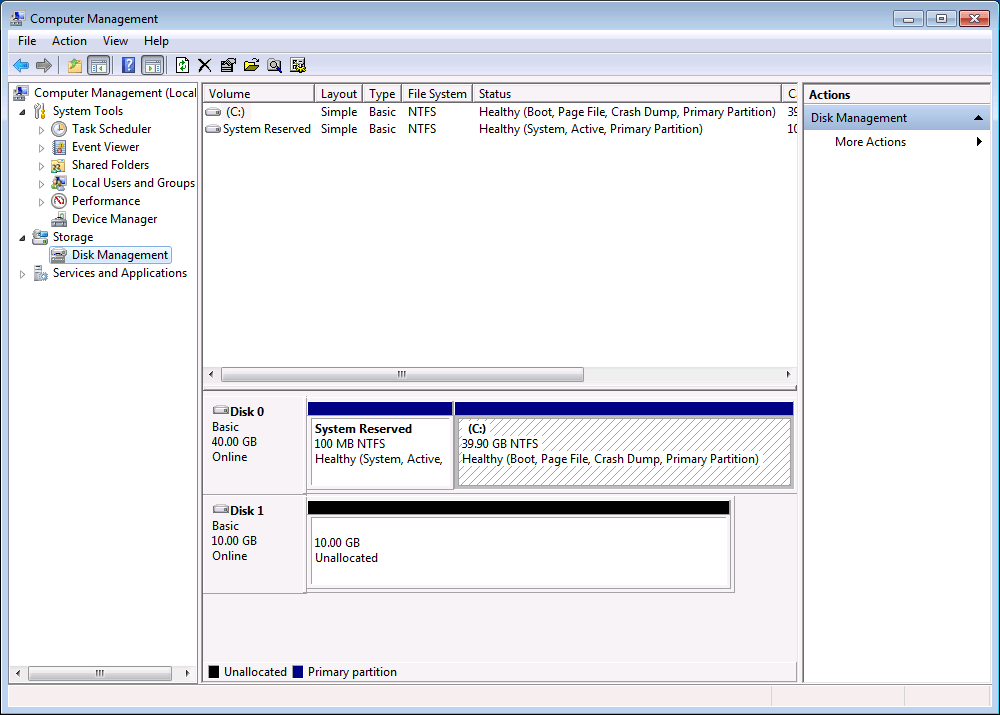 Computer Management Disk Management view with hard drives shown