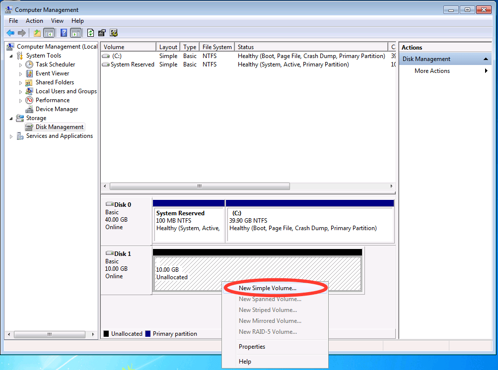 unallocated disk dropdown with New Simple Volume... circled