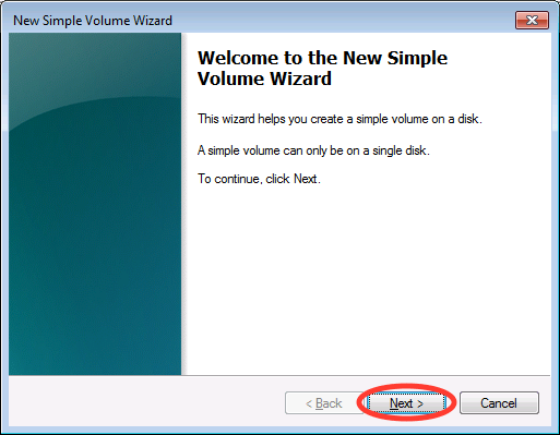 New Simple Volume Wizard with Next button circled