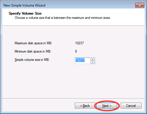 New Simple Volume Wizard window with Next circled