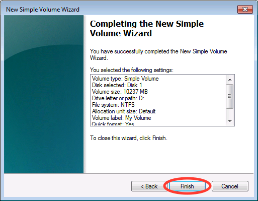 New Simple Volume Wizard with Finish circled