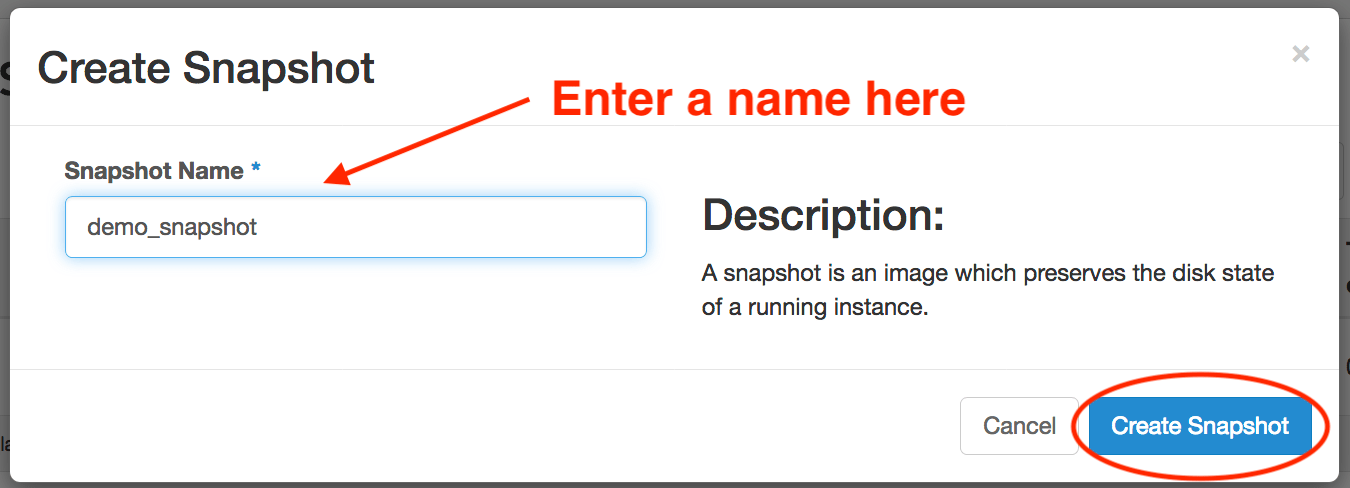 Create Snapshot window with prompting to 'enter a name' in the Snapshot Name field, with the Create Snapshot button circled