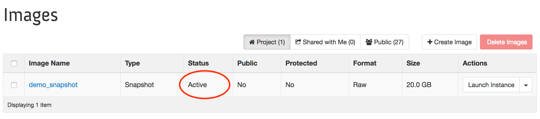Images panel with the Active Status circled