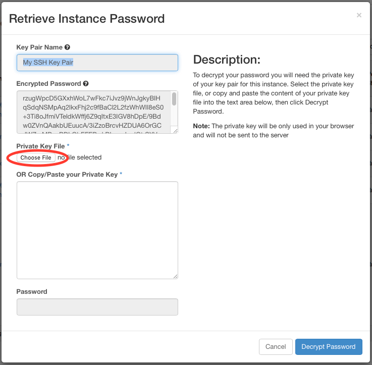 Retrieve Instance Password window with Choose File circled under Private Key File
