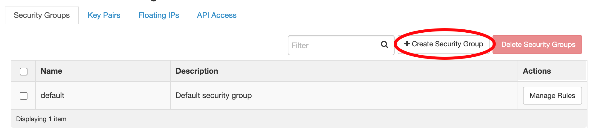 Security Group tab with Create Security Group button circled