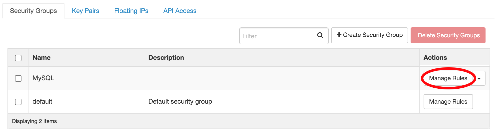 Security Groups tab with Manage Rules button circled