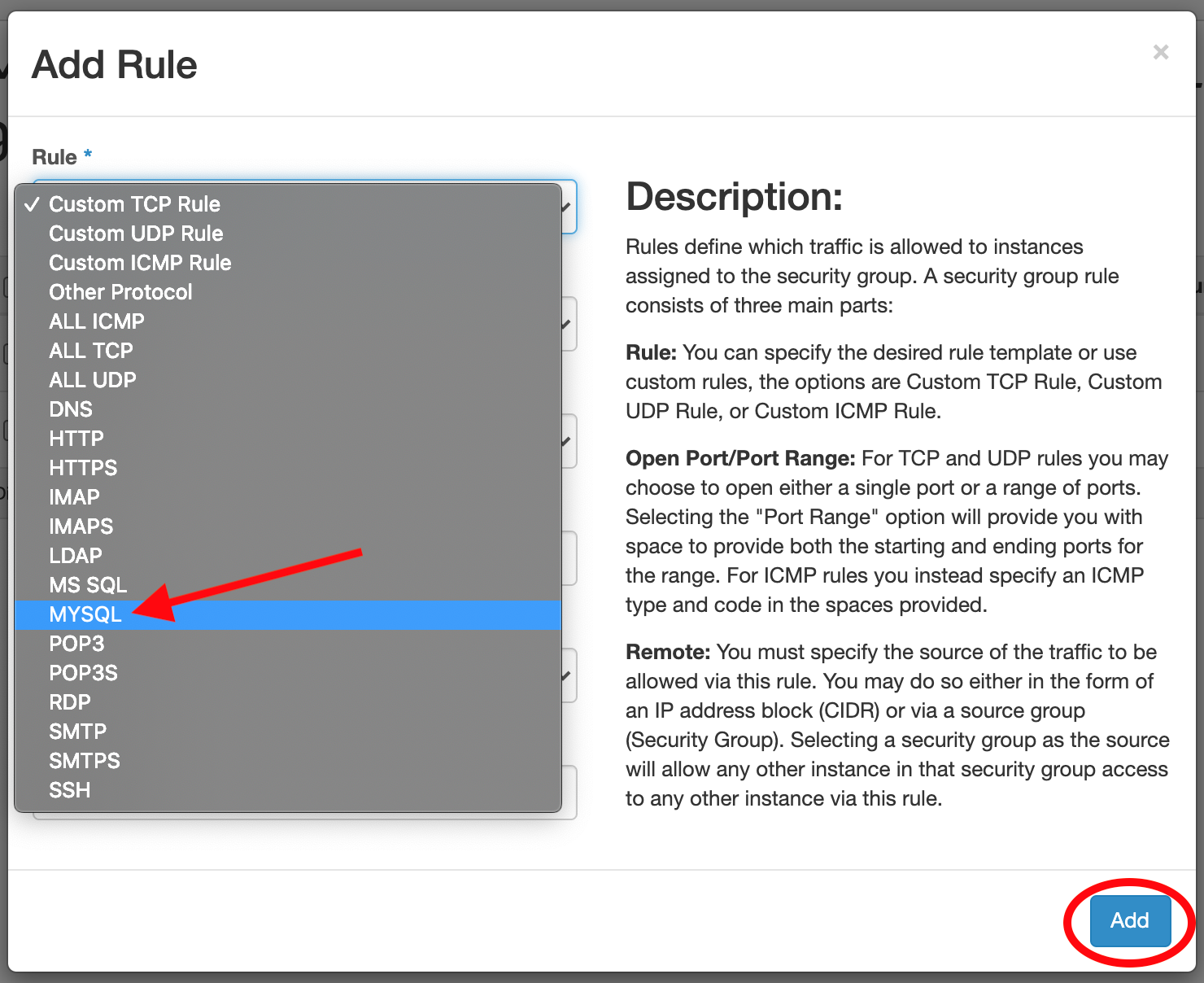 Add Rule window with MYSQL option in Rule dropdown selected
