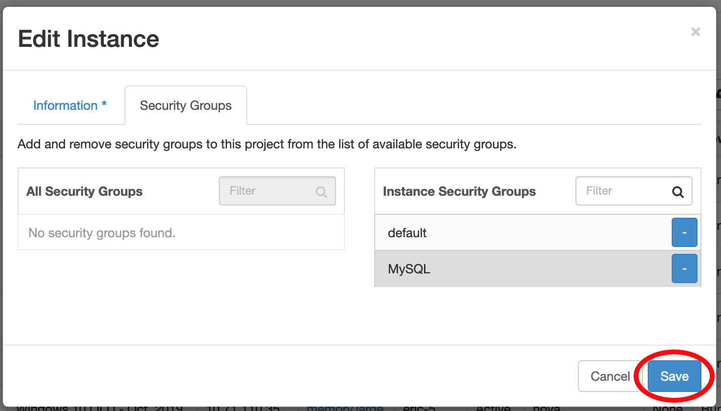 Edit Instance window with Save button circled