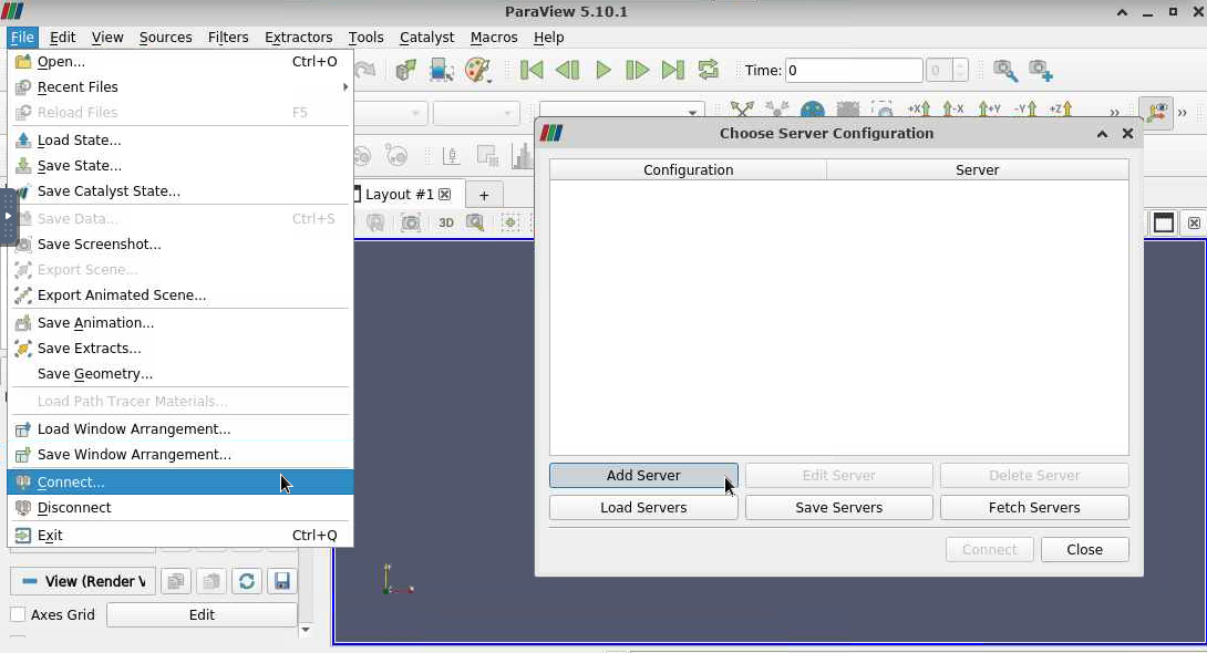 in Paraview, File and Connect is selected. Then, Add Server is selected