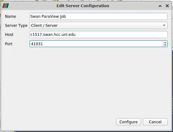 Edit Server Configuration window with Name='Swan ParaView Job', Server Type='Client/Server', Host='c1517.swan.hcc.unl.edu', Port='41031'