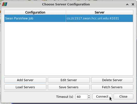 Choose Server Configuration window with the Swan ParaView Job selected and the Connect button circled