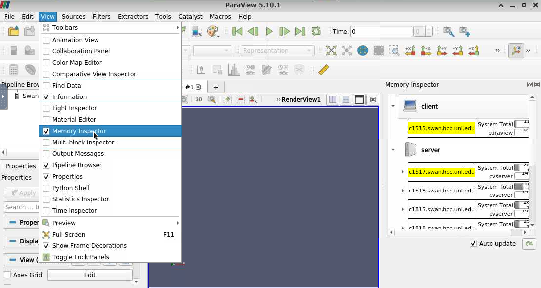 ParaView window with View dropdown and Memory Inspector selected