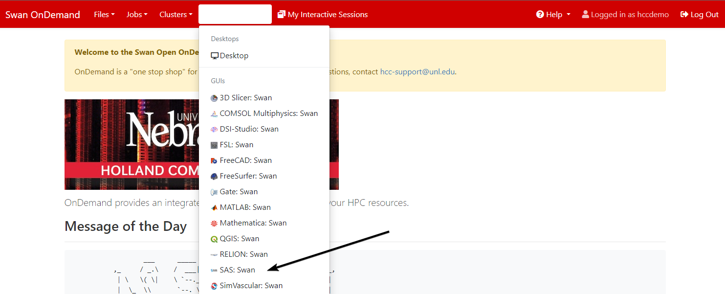 Swan OnDemand with Interactive Apps drop-down menu open and SAS:Swan selected