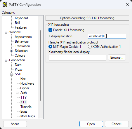 PuTTY Configuration window for options controlling SSH X11 forwarding with Enable X11 forwarding selected, localhost:0.0 filled in for X display location, and MIT-Magic-Cookie-1 selected