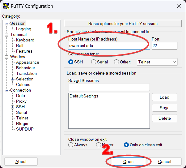 PuTTY configuration window with swan.unl.edu filled in for the Host Name and the Open button circled