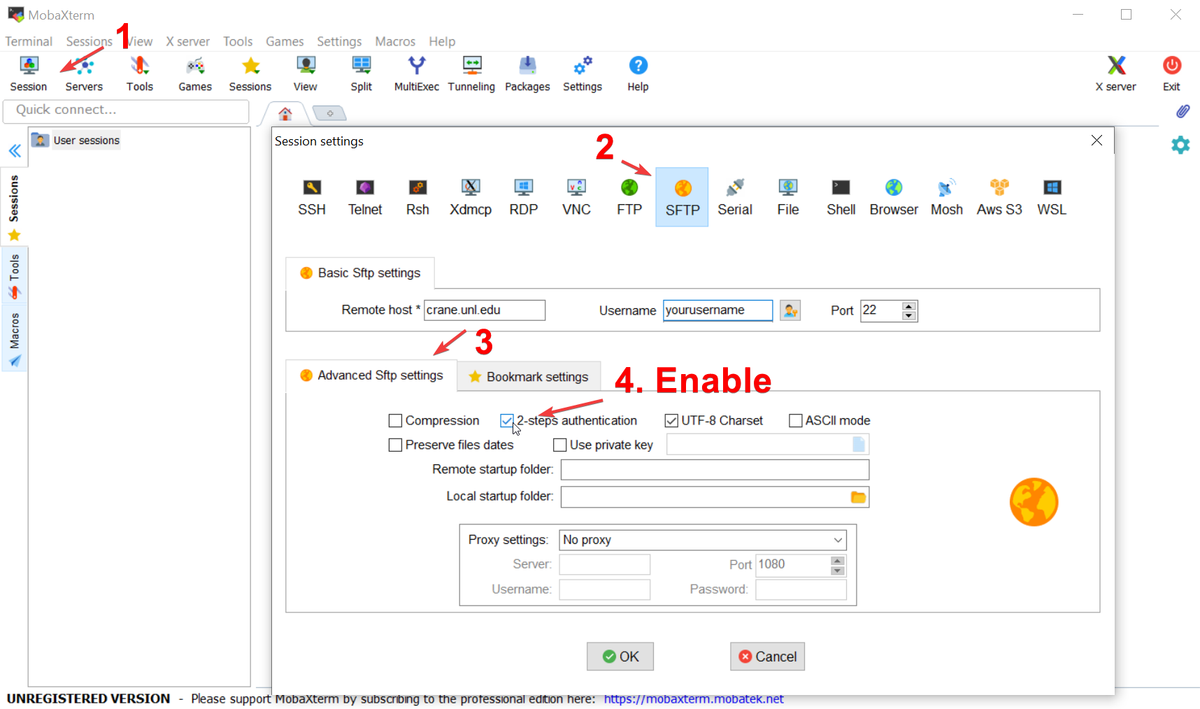MobaXterm window with a 1 pointing to Session, 2 pointing to SFTP, 3 pointing to Advanced Sftp settings, and 4 pointing to select 2-steps authentication